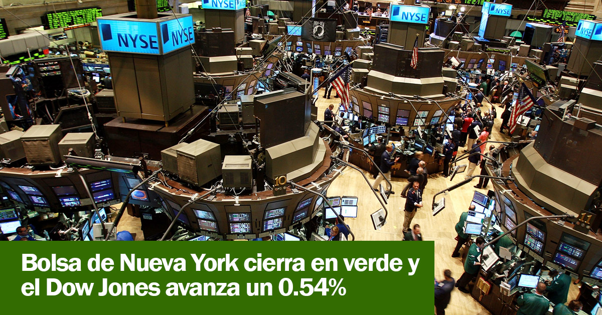 Bolsa de Nueva York cierra en verde y el Dow Jones avanza un 0.54%