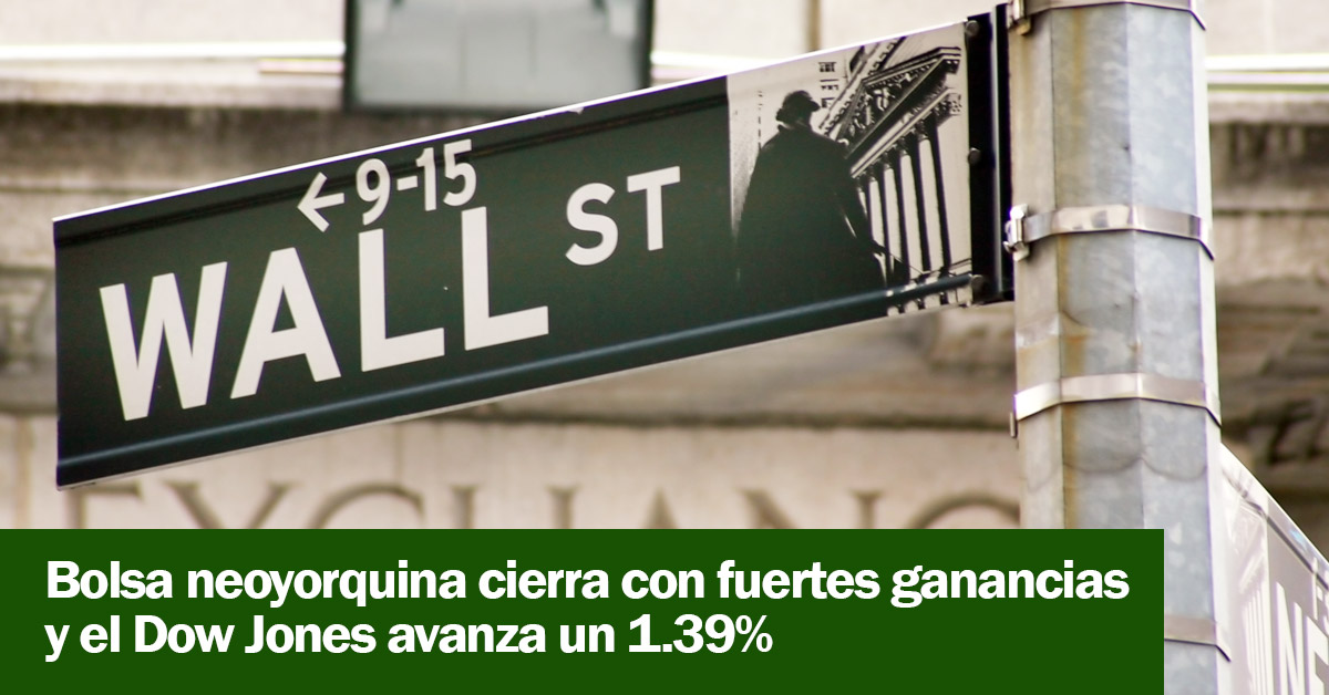 Bolsa neoyorquina cierra con fuertes ganancias y el Dow Jones avanza un 1.39%