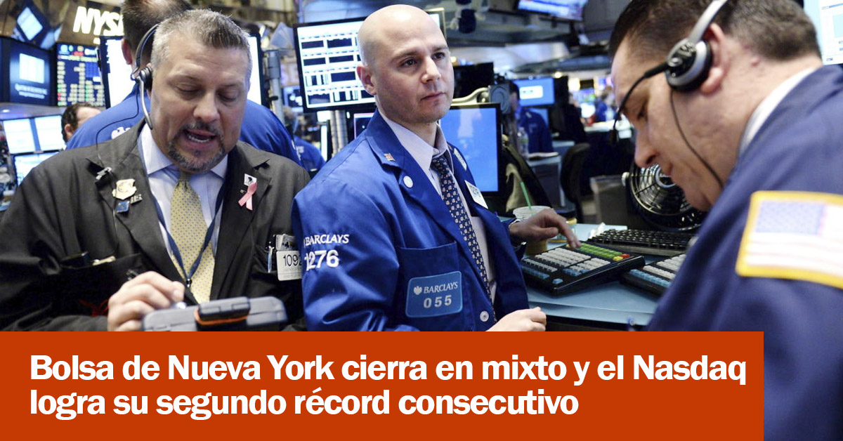 Bolsa de Nueva York cierra en mixto y el Nasdaq logra su segundo récord consecutivo